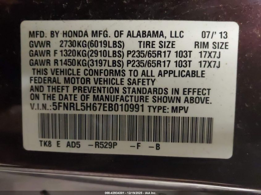 2014 Honda Odyssey Ex-L VIN: 5FNRL5H67EB010991 Lot: 43934301