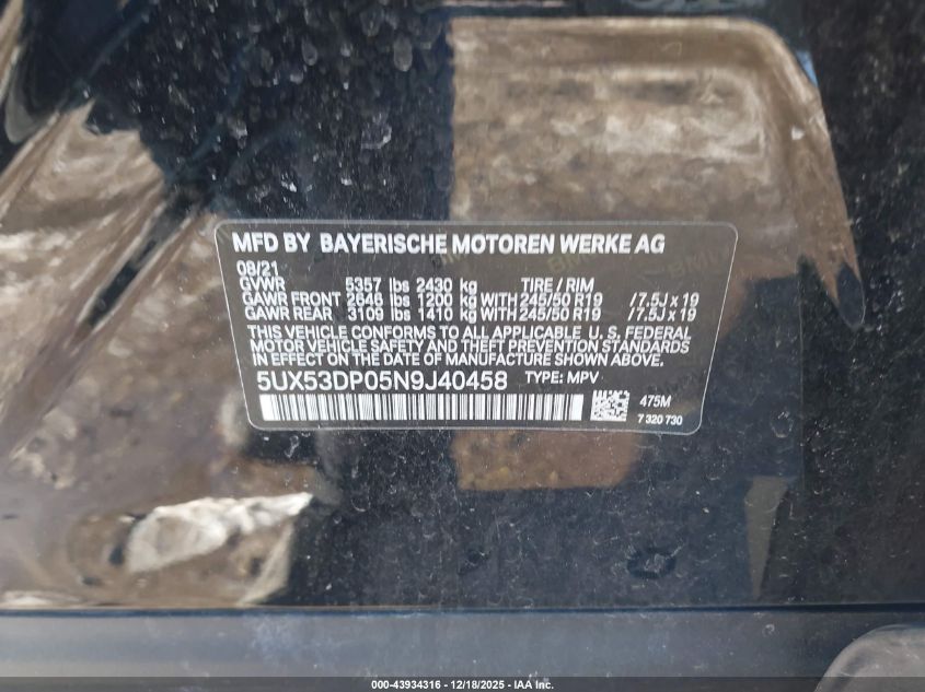 2022 BMW X3 xDrive30I VIN: 5UX53DP05N9J40458 Lot: 43934316