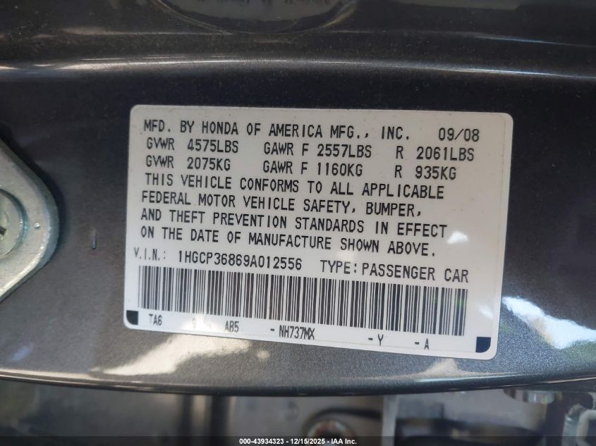 2009 Honda Accord 3.5 Ex-L VIN: 1HGCP36869A012556 Lot: 43934323