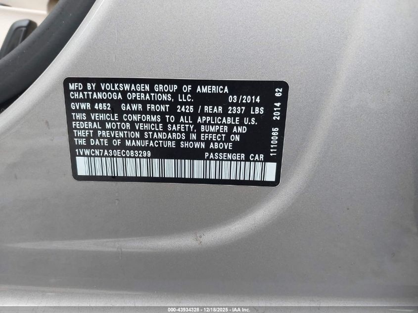 2014 Volkswagen Passat 2.0L Tdi Sel Premium VIN: 1VWCN7A30EC083299 Lot: 43934328