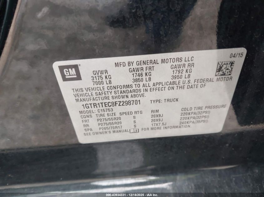 2015 GMC Sierra 1500 VIN: 1GTR1TEC8FZ298701 Lot: 43934331