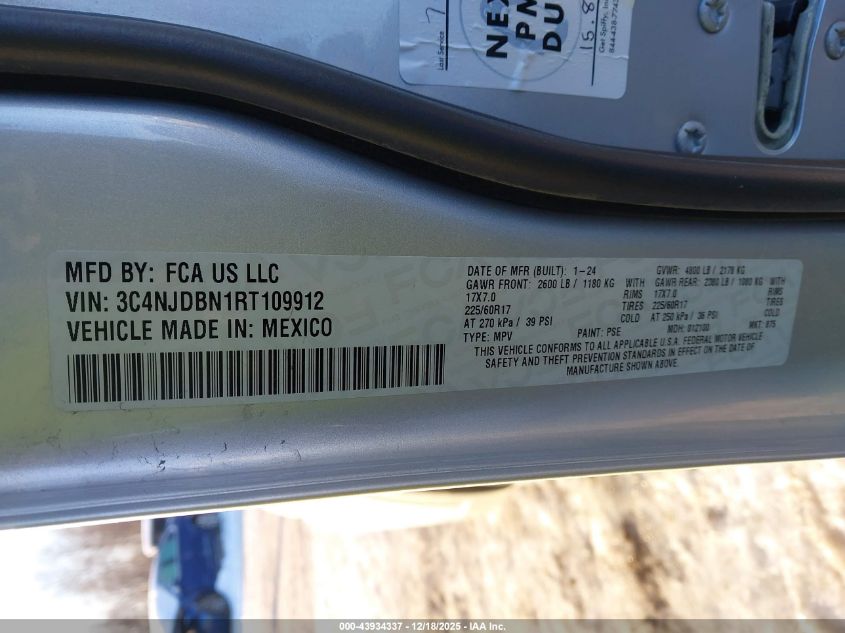 2024 Jeep Compass Latitude 4X4 VIN: 3C4NJDBN1RT109912 Lot: 43934337