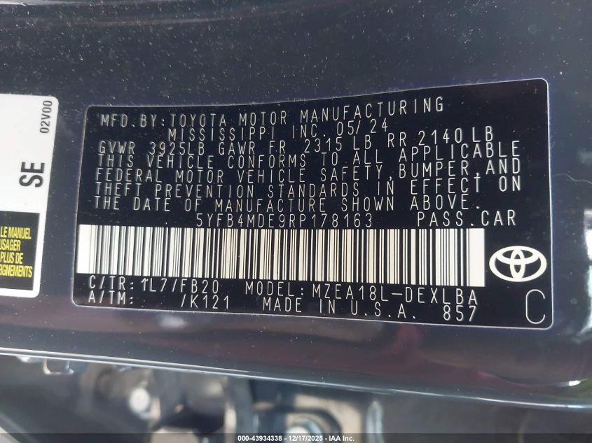 2024 Toyota Corolla Le VIN: 5YFB4MDE9RP178163 Lot: 43934338