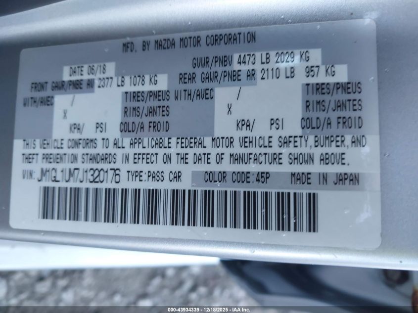 2018 Mazda Mazda6 Sport VIN: JM1GL1UM7J1320176 Lot: 43934339