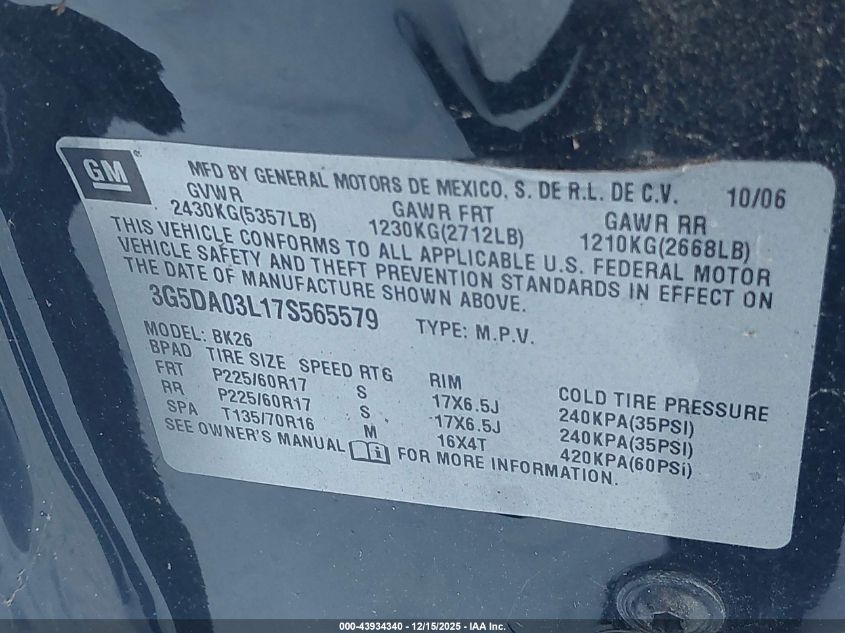 2007 Buick Rendezvous Cxl VIN: 3G5DA03L17S565579 Lot: 43934340