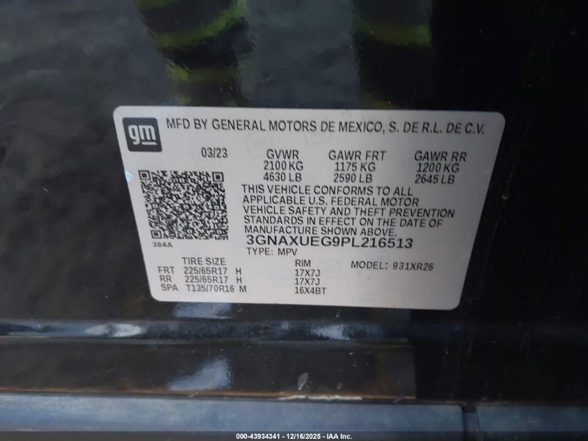2023 Chevrolet Equinox Awd Lt VIN: 3GNAXUEG9PL216513 Lot: 43934341