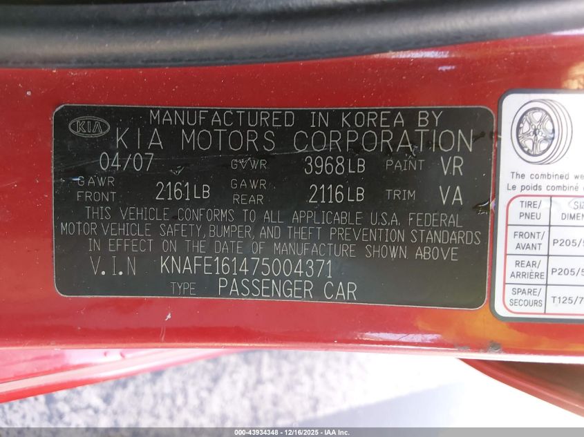 2007 Kia Spectra5 Sx VIN: KNAFE161475004371 Lot: 43934348