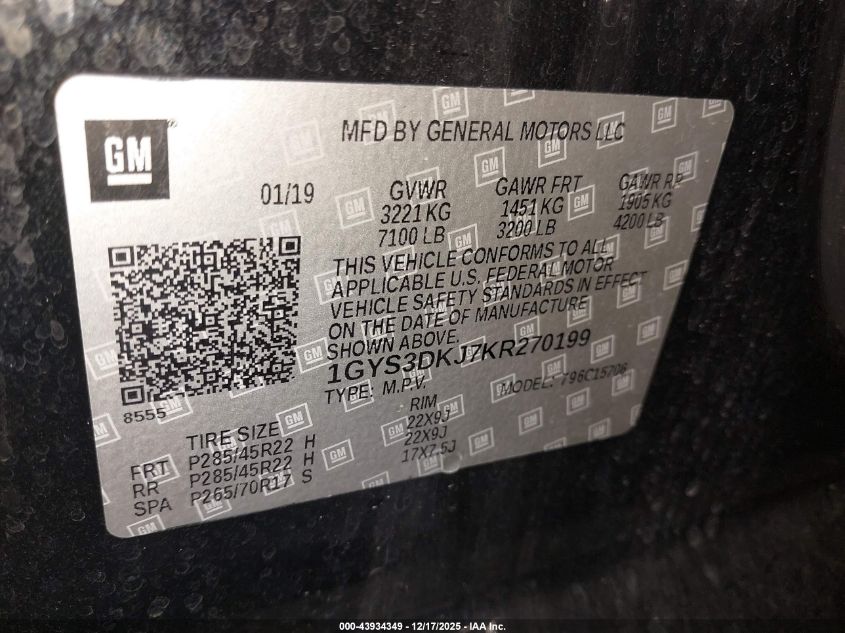 2019 Cadillac Escalade Platinum VIN: 1GYS3DKJ7KR270199 Lot: 43934349