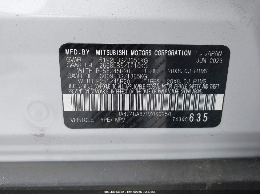 2023 Mitsubishi Outlander Se 2.5 S-Awc VIN: JA4J4UA87PZ060250 Lot: 43934352