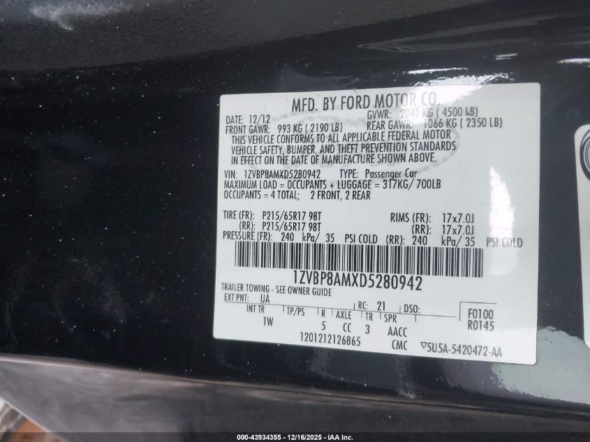 2013 Ford Mustang V6 VIN: 1ZVBP8AMXD5280942 Lot: 43934355