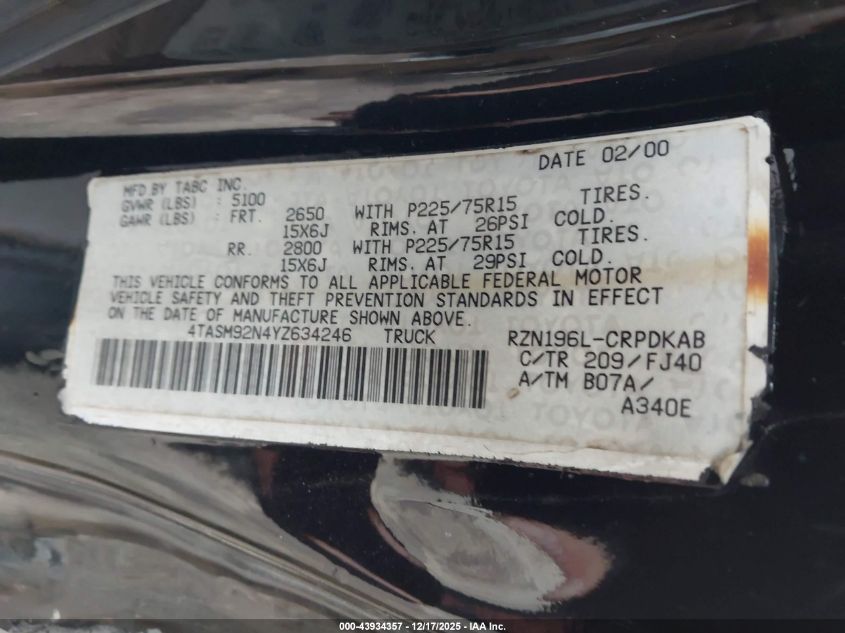 2000 Toyota Tacoma Xtracab Prerunner VIN: 4TASM92N4YZ634246 Lot: 43934357