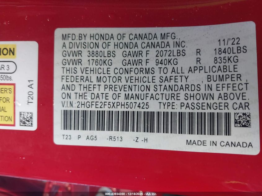 2023 Honda Civic Sport VIN: 2HGFE2F5XPH507425 Lot: 43934358
