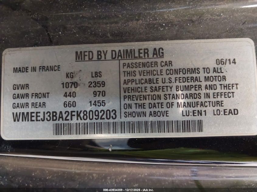 2015 Smart Fortwo Passion VIN: WMEEJ3BA2FK809203 Lot: 43934359