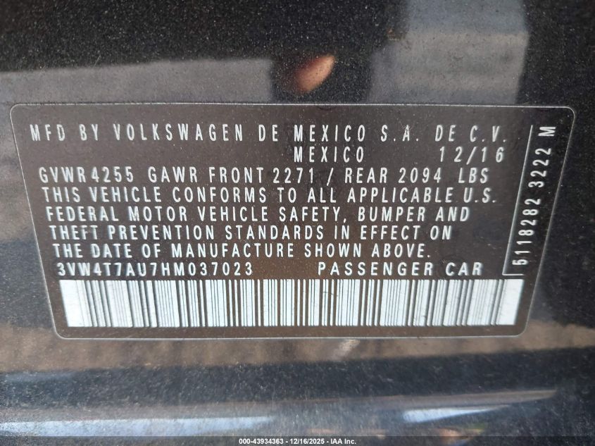 2017 Volkswagen Golf Gti Autobahn 4-Door/S 4-Door/Se 4-Door/Sport VIN: 3VW4T7AU7HM037023 Lot: 43934363