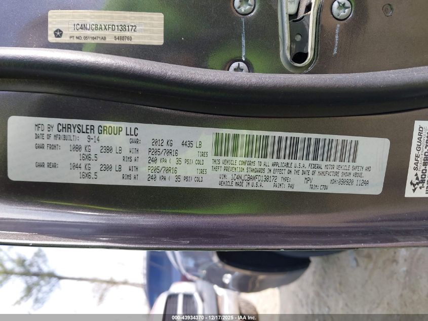 2015 Jeep Compass Sport VIN: 1C4NJCBAXFD138172 Lot: 43934370