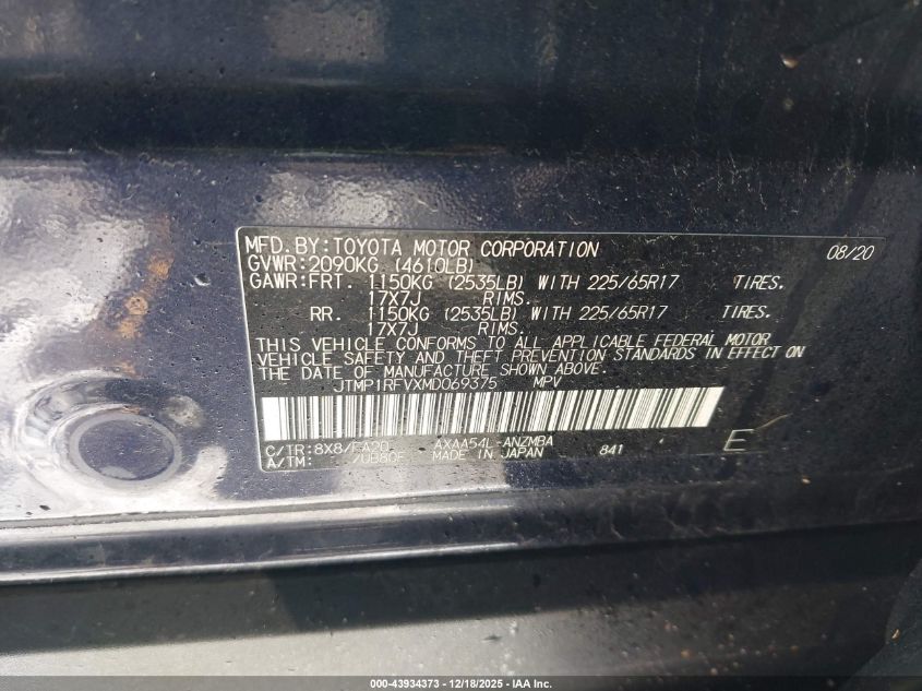 2021 Toyota Rav4 Xle VIN: JTMP1RFVXMD069375 Lot: 43934373