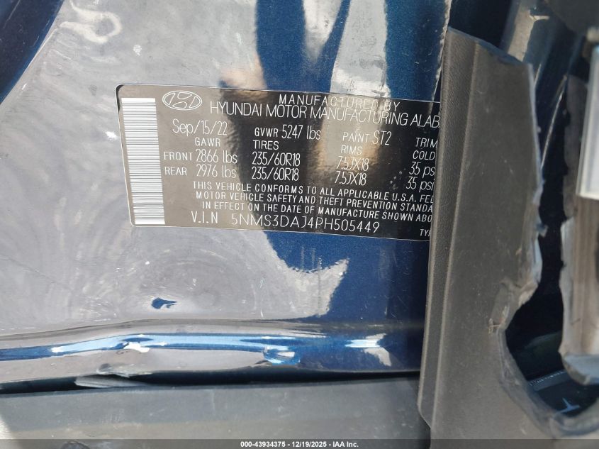 2023 Hyundai Santa Fe Sel VIN: 5NMS3DAJ4PH505449 Lot: 43934375