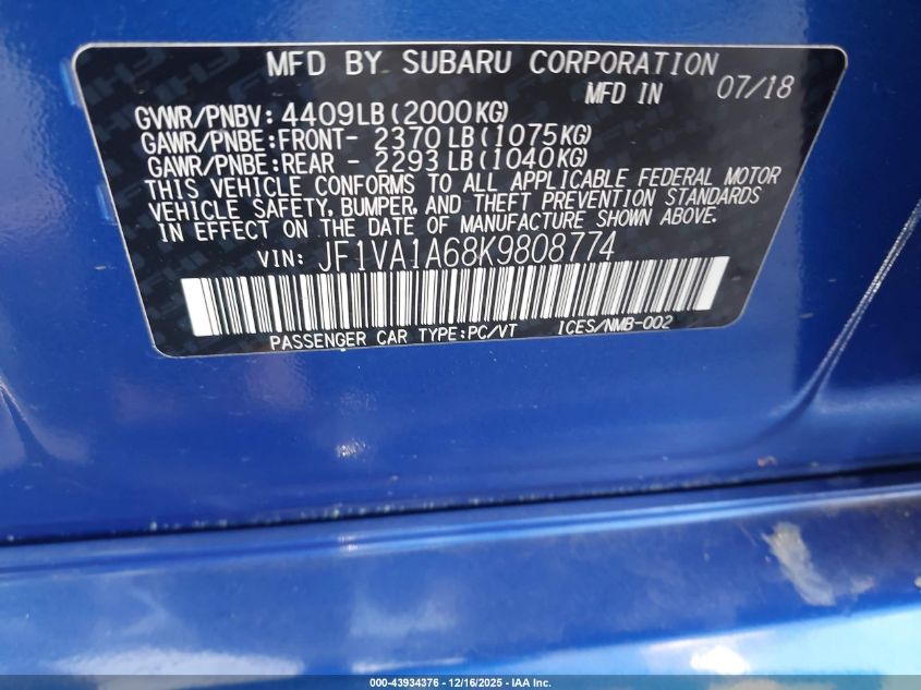 2019 Subaru Wrx VIN: JF1VA1A68K9808774 Lot: 43934376