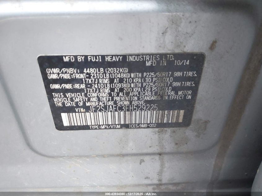 2015 Subaru Forester 2.5I Premium VIN: JF2SJAFC3FH529225 Lot: 43934380