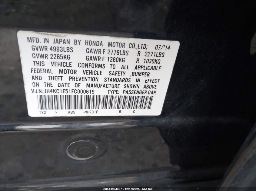 2015 Acura Rlx VIN: JH4KC1F51FC000619 Lot: 43934387