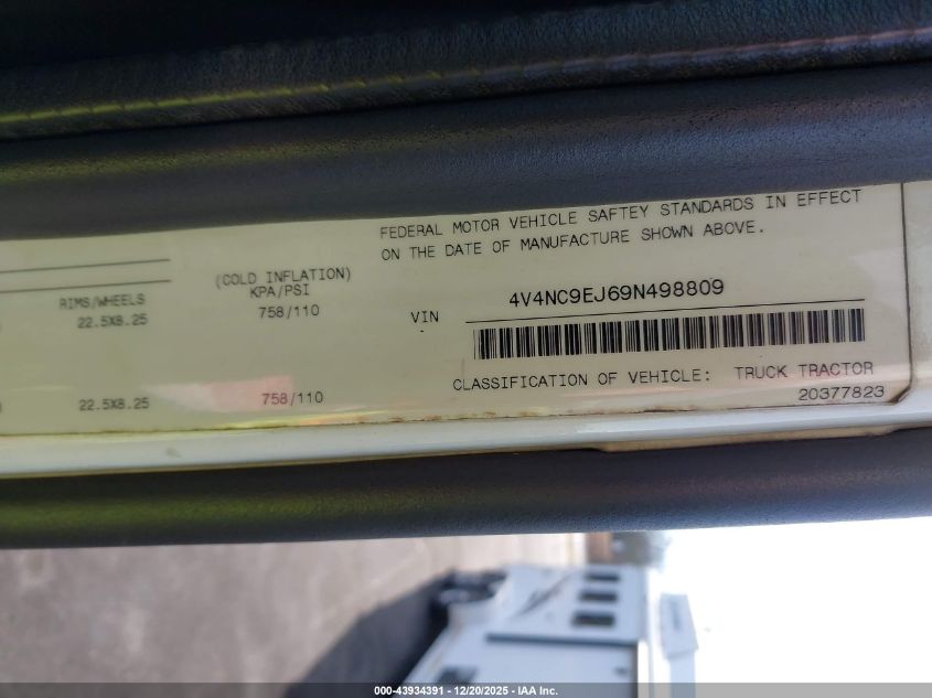 2009 Volvo Vn Vnl VIN: 4V4NC9EJ69N498809 Lot: 43934391