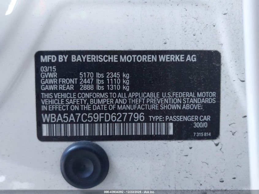2015 BMW 528I xDrive VIN: WBA5A7C59FD627796 Lot: 43934392