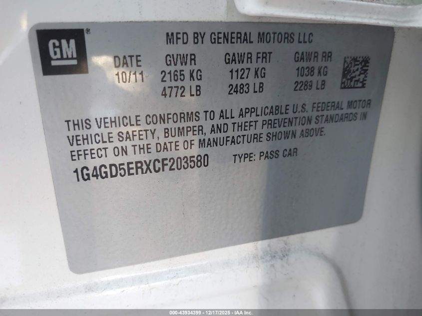 2012 Buick Lacrosse Premium 1 Group VIN: 1G4GD5ERXCF203580 Lot: 43934399