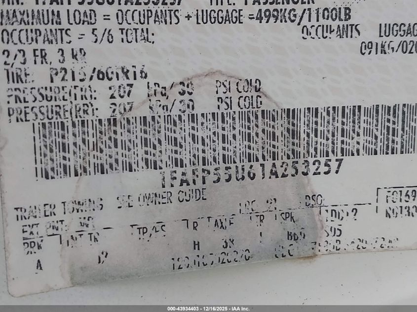 2001 Ford Taurus Ses VIN: 1FAFP55U61A253257 Lot: 43934403