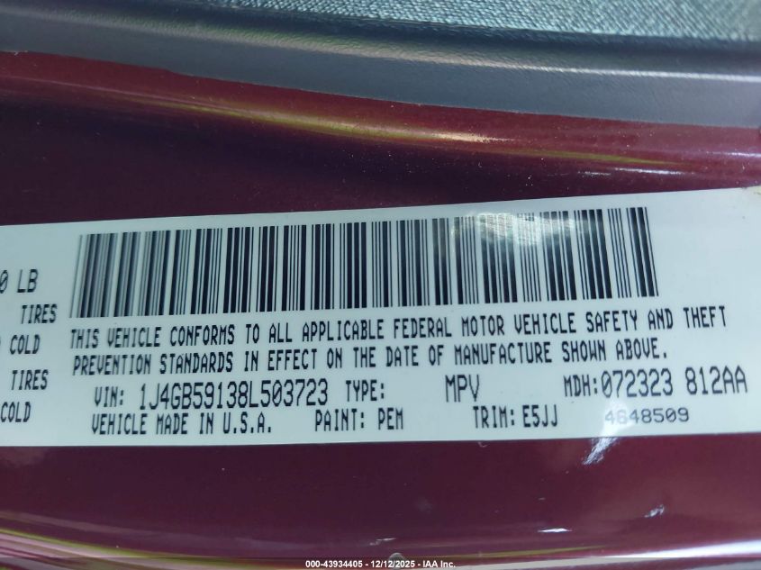 2008 Jeep Wrangler Unlimited Sahara VIN: 1J4GB59138L503723 Lot: 43934405