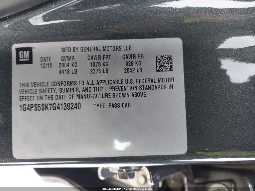 2016 Buick Verano Leather Group VIN: 1G4PS5SK7G4139240 Lot: 43934431