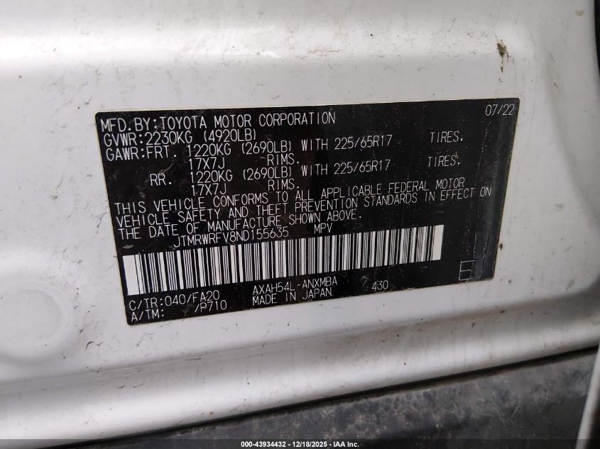 2022 Toyota Rav4 Hybrid Xle VIN: JTMRWRFV8ND155635 Lot: 43934432