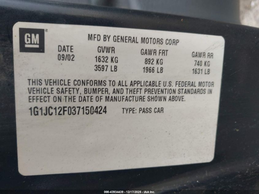 2003 Chevrolet Cavalier VIN: 1G1JC12F037150424 Lot: 43934439