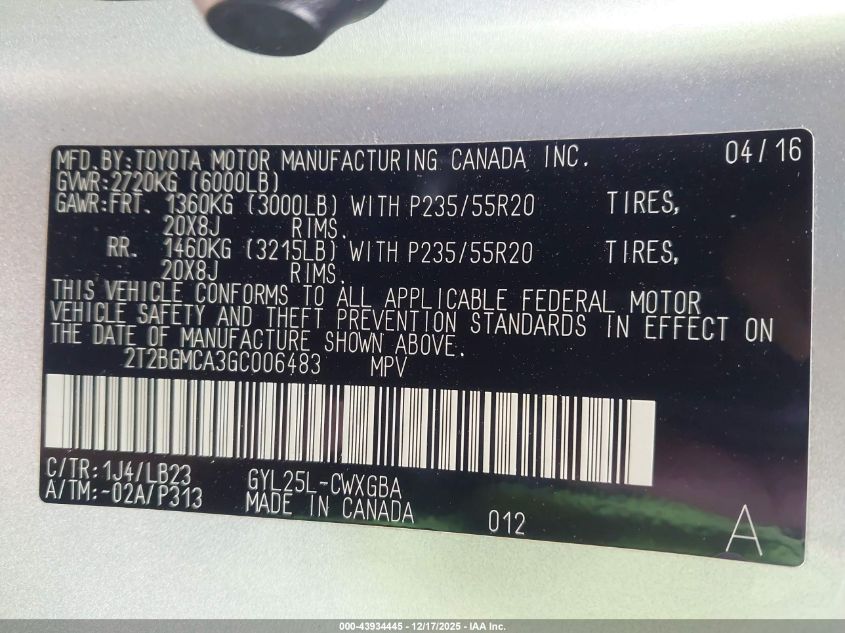 2016 Lexus Rx 450H VIN: 2T2BGMCA3GC006483 Lot: 43934445