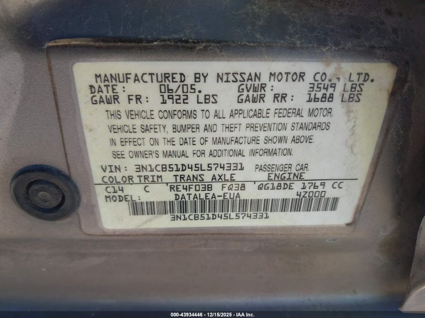 2005 Nissan Sentra 1.8S VIN: 3N1CB51D45L574331 Lot: 43934446