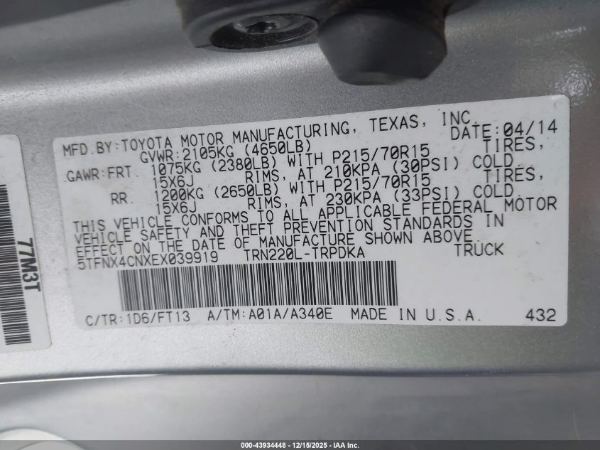 2014 Toyota Tacoma VIN: 5TFNX4CNXEX039919 Lot: 43934448