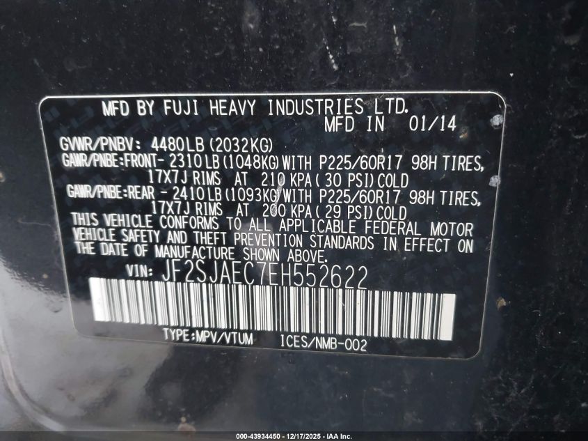 2014 Subaru Forester 2.5I Premium VIN: JF2SJAEC7EH552622 Lot: 43934450
