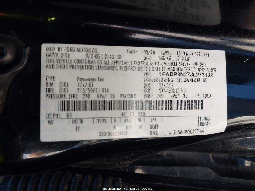 2018 Ford Focus Titanium VIN: 1FADP3N27JL273192 Lot: 43934451