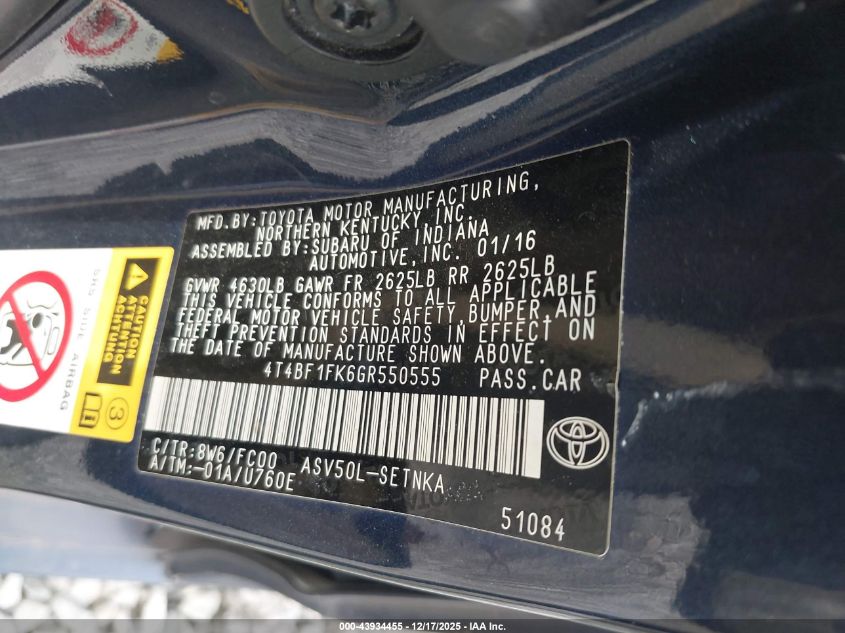 2016 Toyota Camry Le VIN: 4T4BF1FK6GR550555 Lot: 43934455