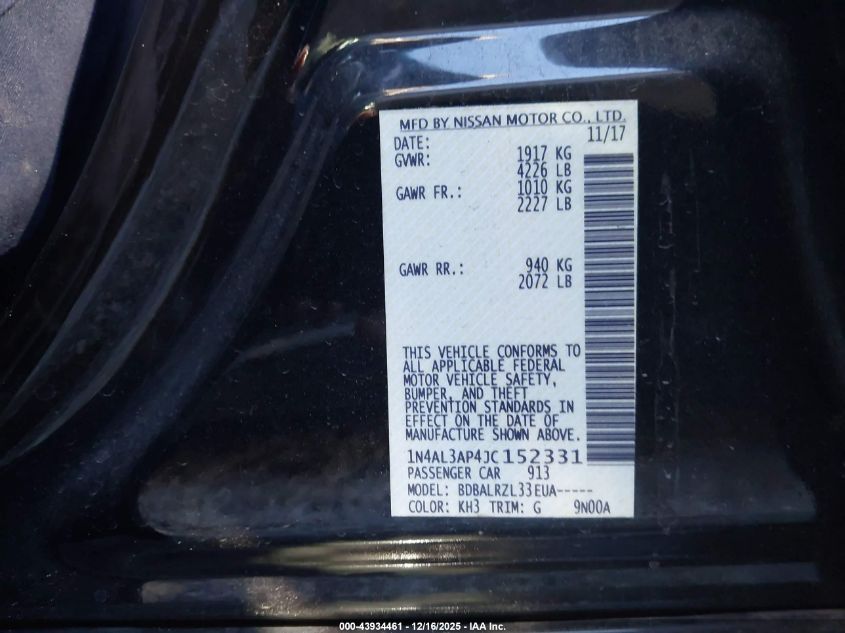 2018 Nissan Altima 2.5 Sl VIN: 1N4AL3AP4JC152331 Lot: 43934461