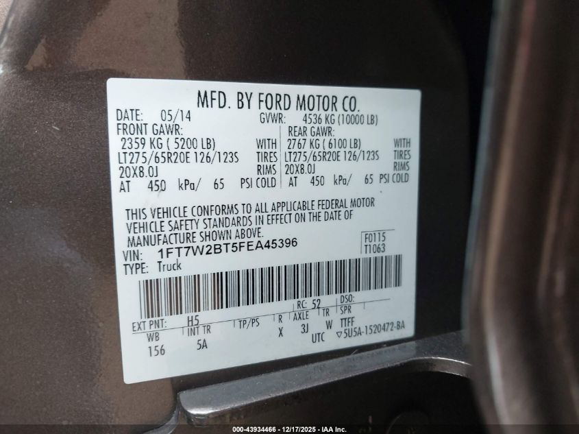 2015 Ford F-250 Lariat VIN: 1FT7W2BT5FEA45396 Lot: 43934466