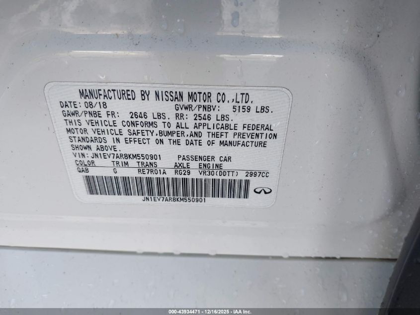 2019 Infiniti Q50 3.0T Luxe VIN: JN1EV7AR8KM550901 Lot: 43934471