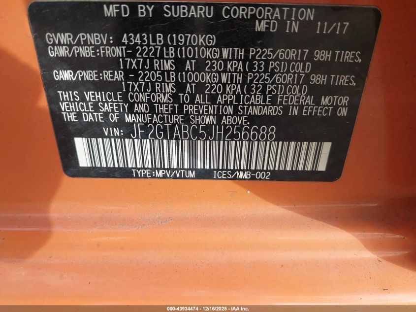 2018 Subaru Crosstrek 2.0I Premium VIN: JF2GTABC5JH256688 Lot: 43934474