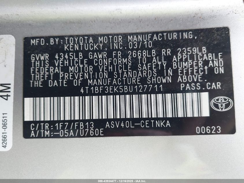 2011 Toyota Camry Le VIN: 4T1BF3EK5BU127711 Lot: 43934477