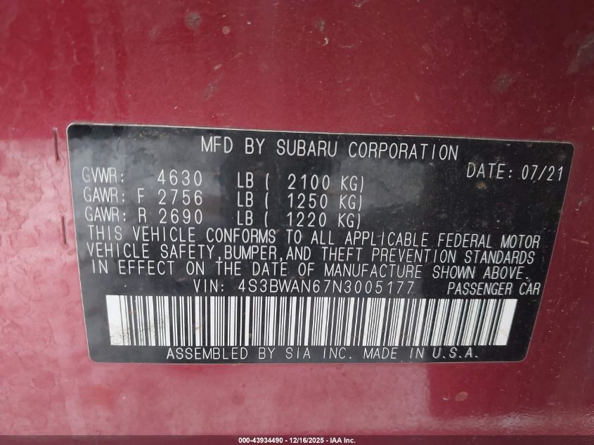 2022 Subaru Legacy Limited VIN: 4S3BWAN67N3005177 Lot: 43934490