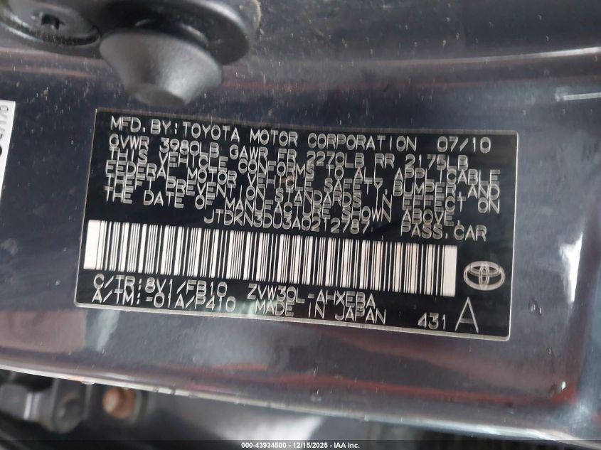 2010 Toyota Prius Iii VIN: JTDKN3DU3A0212787 Lot: 43934500