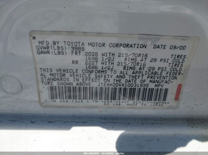 2001 Toyota Rav4 VIN: JTEHH20VX10031935 Lot: 43934503