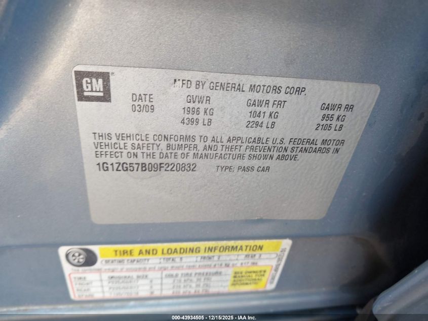 2009 Chevrolet Malibu Ls VIN: 1G1ZG57B09F220832 Lot: 43934505