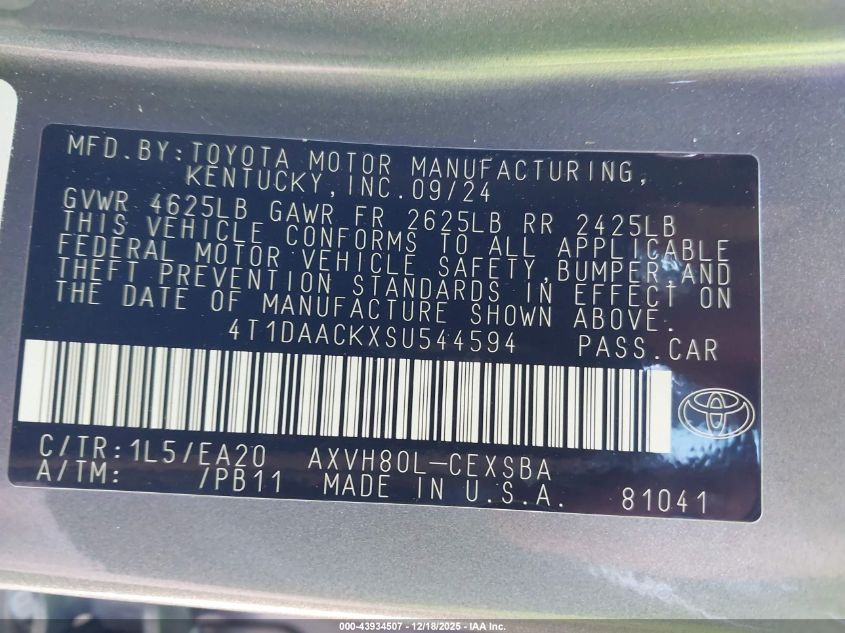 2025 Toyota Camry Se VIN: 4T1DAACKXSU544594 Lot: 43934507