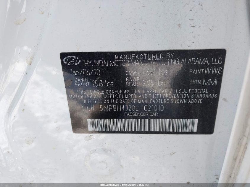 2020 Hyundai Sonata Limited VIN: 5NPEH4J20LH021010 Lot: 43934509
