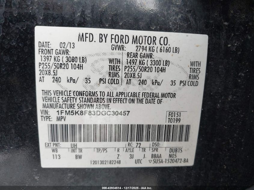 2013 Ford Explorer Limited VIN: 1FM5K8F83DGC30457 Lot: 43934514